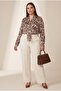 Accessory Detailed Viscose Inside and Satin Outside Plus Size Blouse Brown - 4
