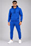 Men's Two Thread Hooded Kangaroo Pocket Sweatshirt Jogger Pants Bottom Top Tracksuit Set -Saks Blue