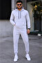 Men's Two Thread Hooded Kangaroo Pocket Sweatshirt Jogger Pants Bottom Top Tracksuit Set -White