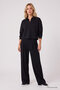 Black Polo Collar Comfortable Fit Wide Leg Women's Tracksuit Set - 95358 - 2
