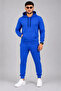 Men's Two Thread Hooded Kangaroo Pocket Sweatshirt Jogger Pants Bottom Top Tracksuit Set -Saks Blue - 4