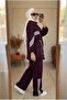 Women's Hijab Two-Piece Set Zippered Drawstring Tunic with Stripe Detail and Wide-Leg Pants Set - 4