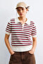 Women's polo collar striped short sleeve sweater - white/red - 3
