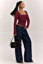 Square Neck Gathered Burgundy Long Sleeve Blouse - 7
