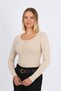 Women's Beige Long Sleeve Ribbed Basic Knitted Blouse with Snap Buttons - H6172 - 2
