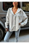 Women's White Snap Button Checkered Hooded Oversized Raincoat - 3