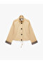 Long Sleeve Buttoned Plaid Lined Oversized Gabardine Stand Collar Short Trench Coat