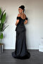 Satin Fabric Degaje Collar Evening Dress - Black - 5