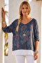 Italian Necklace-Style Triple Set Navy Blue Pool Collar Bat Sleeve Patterned Ruffle Sleeve End Knitwear Blouse 70 60 - 6