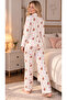 Cream Pink Teddy Bear Print Detail Trendy Top and Bottom Pajama Set - 3