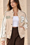 Women's P Embroidered Contrast Sleeves Oversize College Bomber Jacket - Beige - 2