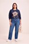Special Print Detailed Oversized Knitted Modal Sweatshirt Navy Blue - 3