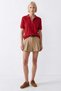 Ring Zipper Short Sleeve Knitwear Blouse Red