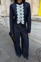 Navy blue lace detailed buttoned jacket and wide leg pants set 10371 - 4