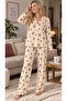 Beige Teddy Bear Pattern Trendy Top and Bottom Pajama Set - 2