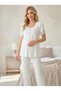 Women's Ecru Lace Breastfeeding Compatible 3-Piece Maternity Pajama Set - Maternity Dressing Gown Set Hospital Release - 4