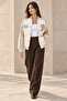 Women's P Embroidered Contrast Sleeves Oversize College Bomber Jacket - Ecru - 4