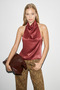 Arnelle Women's Backless High Collar Satin Burgundy Blouse