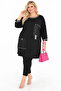 Plus Size Stone and Eyelet Detailed Pocketed Crew Neck Capri Sleeve Women's Tunic