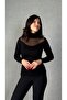 Women's turtleneck sheer tulle detail long sleeve blouse - 2