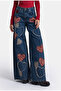 Women's Dark Tint 1W6-8 Palazzo Fit Special Embroidery Patterned Design Denim Jean - 4