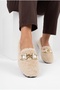 Women's Gold Chain, Crystal Stone Detailed Plush Indoor Ballerinas - 2