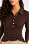 Women's Brown Polo Collar Buttoned Long Sleeve Ribbed Knitwear Blouse - 4