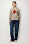 Women's Crew Neck Front Diamond Patterned Wool Sweater K.Beige - 2