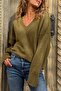 Khaki V-Neck Soft Textured Wool Loose Knitwear Sweater 55 55 - 2