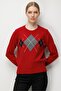 Women's Crew Neck Front Diamond Patterned Wool Sweater Dark Red - 3