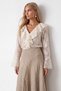 Women's beige v-neck valon embroidered hafiten transparent woven blouse alc-x15804 - 4