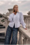 Women's Striped White W6-2 Oversize Padded Special Design Shirt - 4