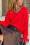Red V-Neck Soft Textured Wool Loose Knit Sweater 55 55