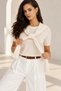 Women's Ecru Knitwear Blouse with Shoulder Tie and Shawl Detail, Short Sleeves, Crew Neck - 4