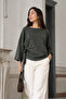 Women's Khaki Crew Neck Bat Sleeve Tie Front Blouse Arm-27K001010