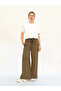 Women's Khaki Trousers with Elastic Waist, Lace-Up, Side Pockets, Wide Legs, Plain Weave - 2
