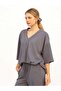 Women's Anthracite V-Neck Relaxed Fit Plain Patterned 3/4 Sleeve Knitted Blouse - 7
