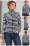 Women's Navy Blue Ecru Striped Full Zipper High Collar Fit Knitwear Cardigan Blouse - 4