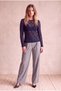 Women's Lace Fabric Dark Navy Blue Long Balloon Sleeve Crew Neck Blouse Rosine - 5
