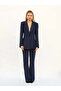 Women's Navy Blue Waist-Fitted Striped Blazer Jacket and Trousers Classic Suit - 2