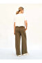 Women's Khaki Trousers with Elastic Waist, Lace-Up, Side Pockets, Wide Legs, Plain Weave - 4