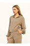 Women's Light Khaki Top and Bottom Set - Hooded Zipper Bomber Jacket and Wide Leg Pants Set - 5