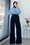 Premium Pleated Detailed Twill Palazzo Trousers - Navy Blue - 6
