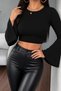 Women's Black Spanish Sleeve Crew Neck Ribbed Crop Blouse - 6
