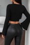 Women's Black Spanish Sleeve Crew Neck Ribbed Crop Blouse - 8