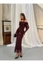 Women's Strapless Madonna Collar Shawl Detailed Buckle Mid-Length Tulle Dress