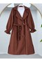 Women's Trench Coat with Gathered Sleeves and Button Detailing, Brown
