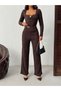 Women's Buckle Detailed Square Neck Blouse and Wide Leg Pants Set - 3