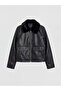 Vizyon New Season Black Fur Collar Women's Leather Look Jacket - 6