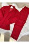 Red Candy Cane Patterned Suede Shirt Collar Long Sleeve Pajama Set - 7